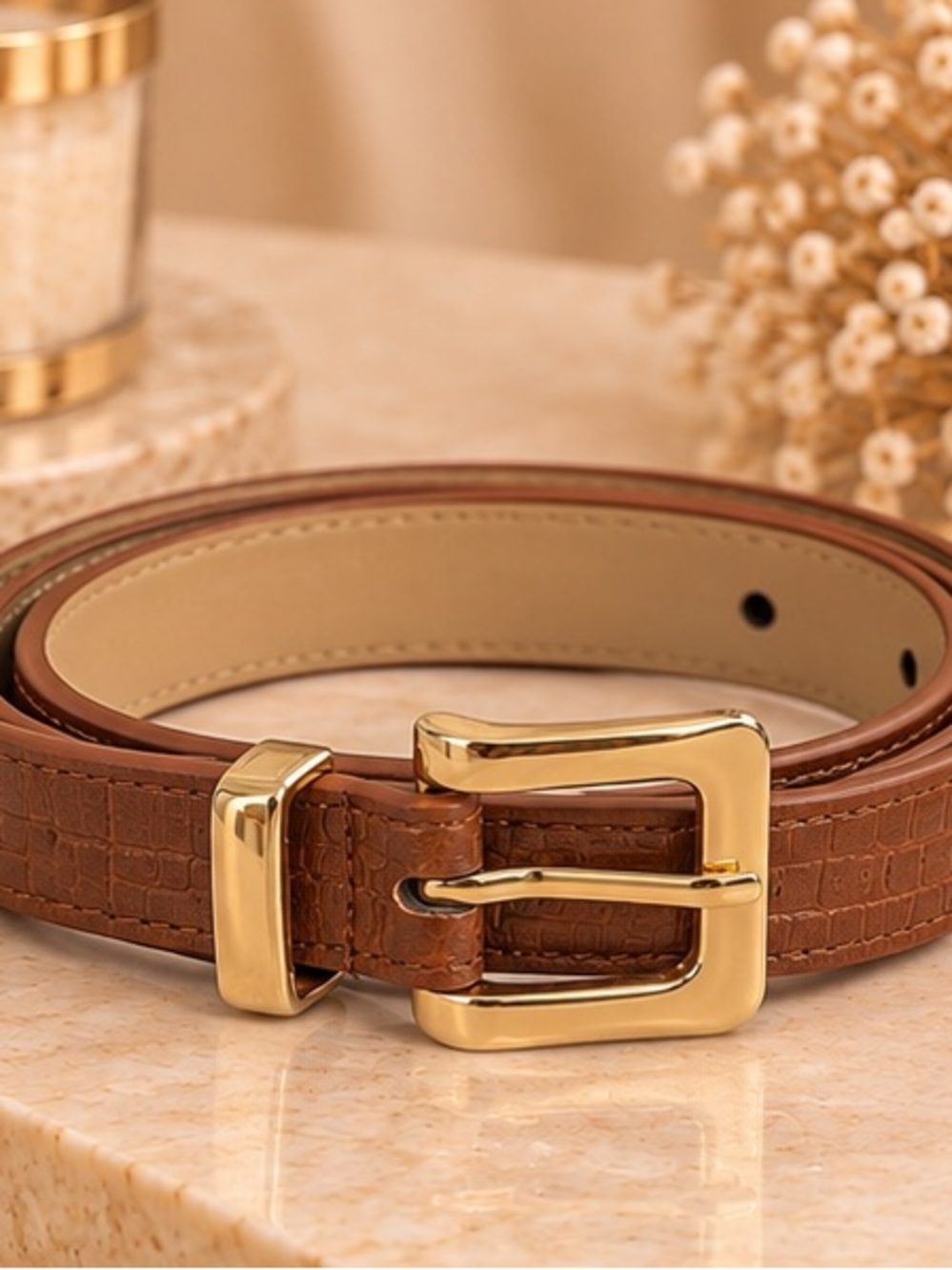 Brown Croc Embossed Belt Gold Buckle Chic Statement Belt